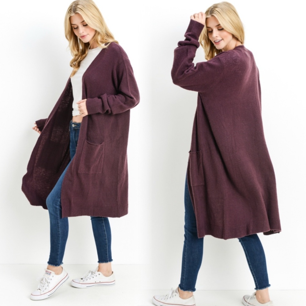 Women's Long Cardigan Sweater in Wine - Picture 3 of 5